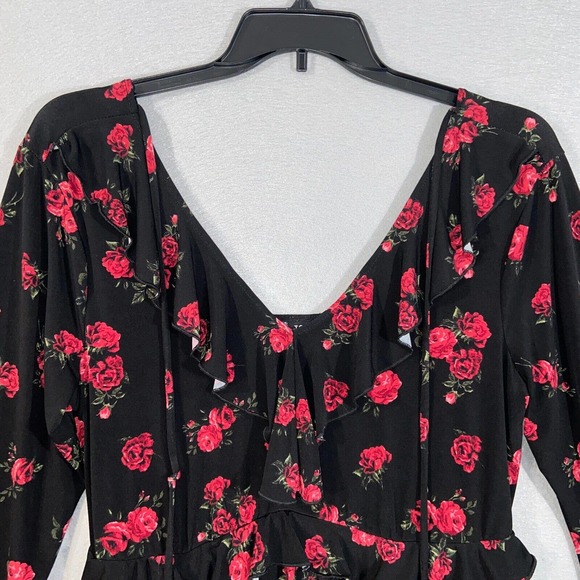 Torrid Dress Womens 0 Black Red Floral Ruffle V Neck Long Sleeve Casual - Picture 4 of 15